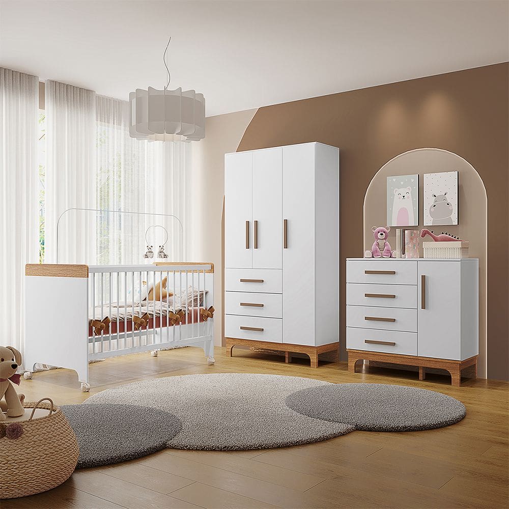 Kit Quarto Infantil Completo Guarda-roupas Cômoda e Berço Doçura Branco/savana