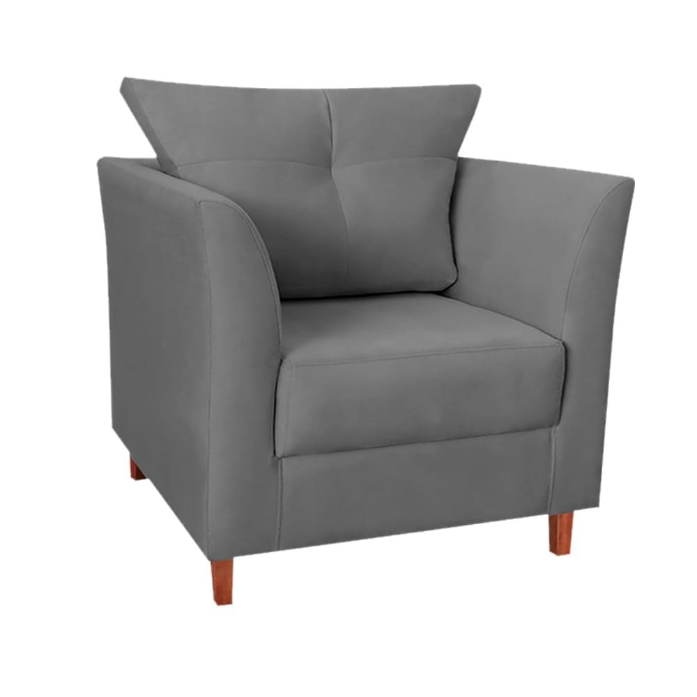 Poltrona Isis Pés de Madeira Suede Cinza - Vallisa Decor