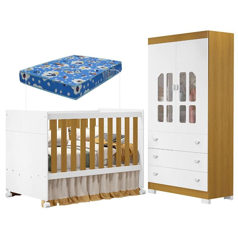 Berço Americano e Guarda Roupa Infantil Katatau Branco Acetinado Savana com Colchão Ortobom – Reller