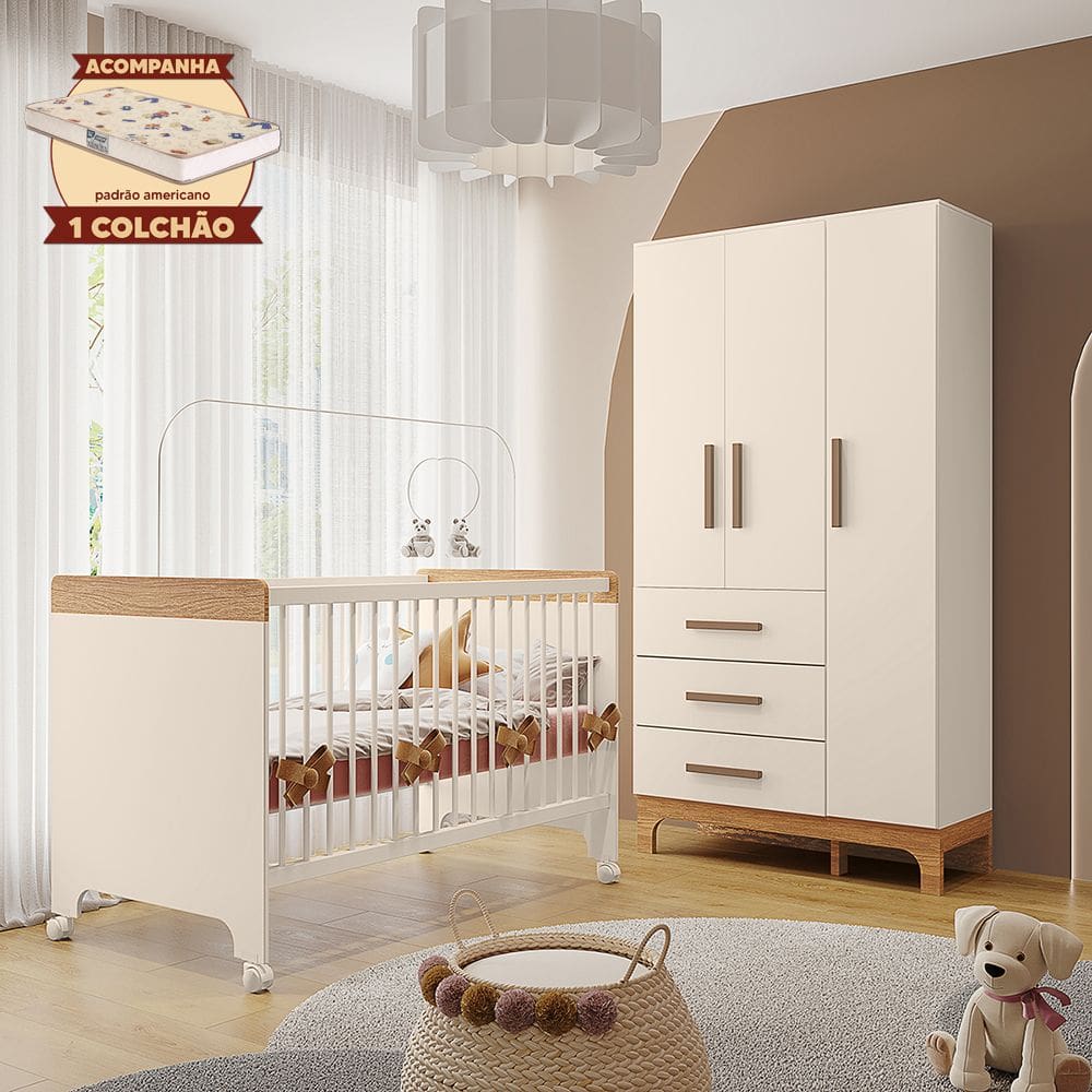 Kit Quarto Infantil Guarda-roupas e Berço Doçura com Colchão Off-white/savana