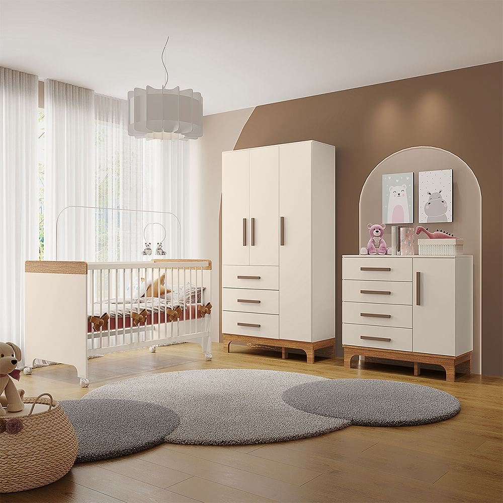 Kit Quarto Infantil Completo Guarda-roupas Cômoda e Berço Doçura Off-white/savana