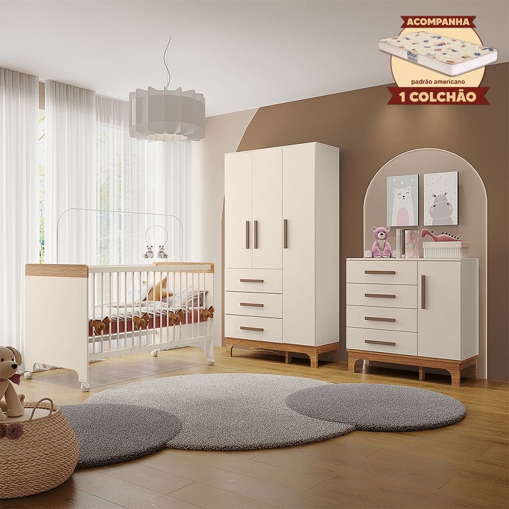Kit Quarto Infantil Completo Guarda-roupas Cômoda e Berço Doçura com Colchão Off-white/savana