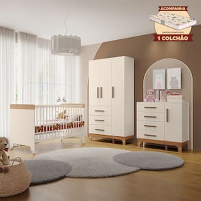 Kit Quarto Infantil Completo Guarda-roupas Cômoda e Berço Doçura com Colchão Off-white/savana
