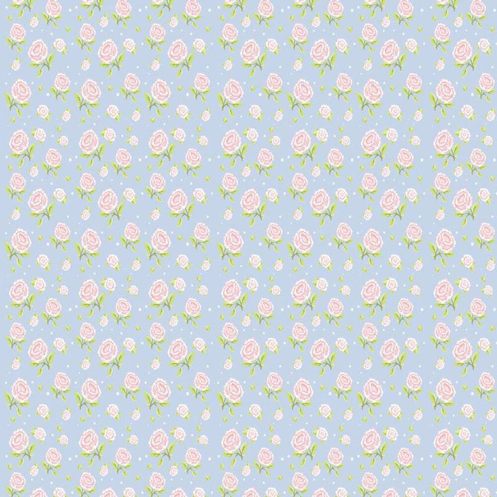 Papel Parede Floral Azul Com Rosas Vermelhas Autocolante