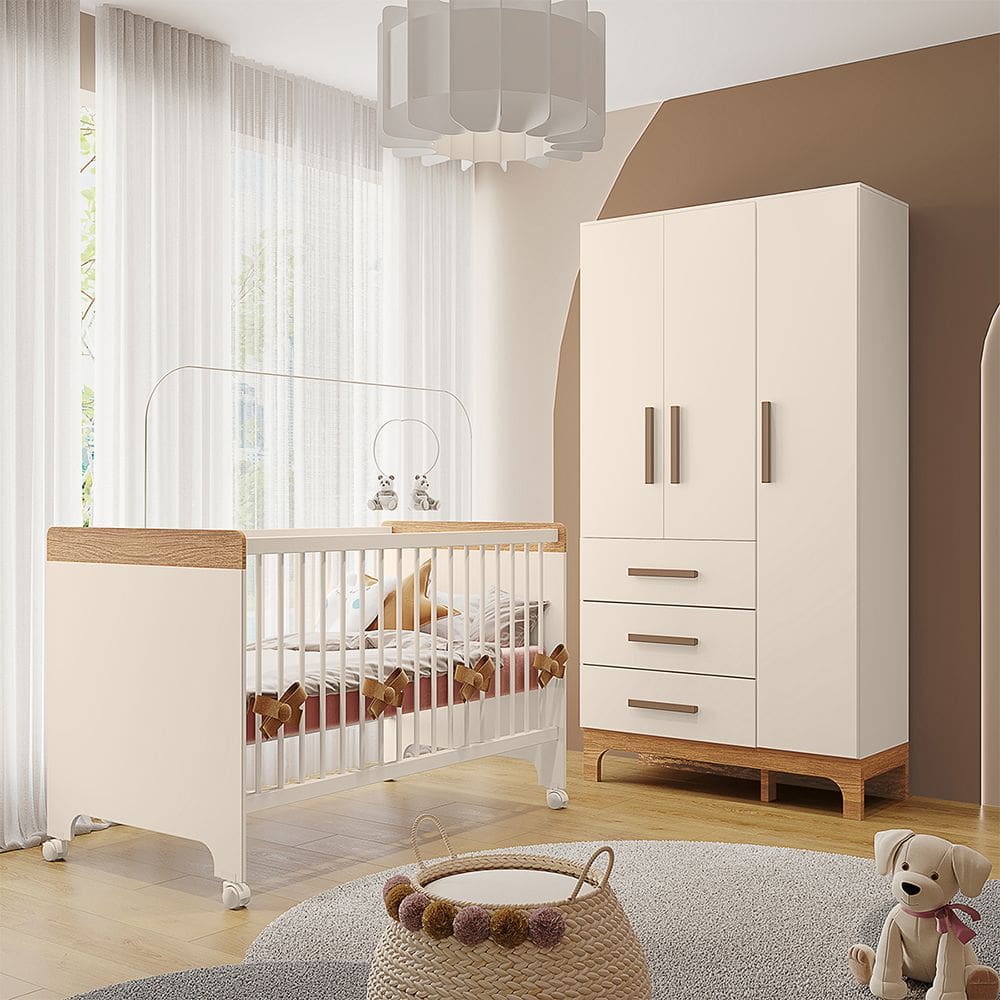 Kit Quarto Infantil Guarda-roupas e Berço Doçura Off-white/savana