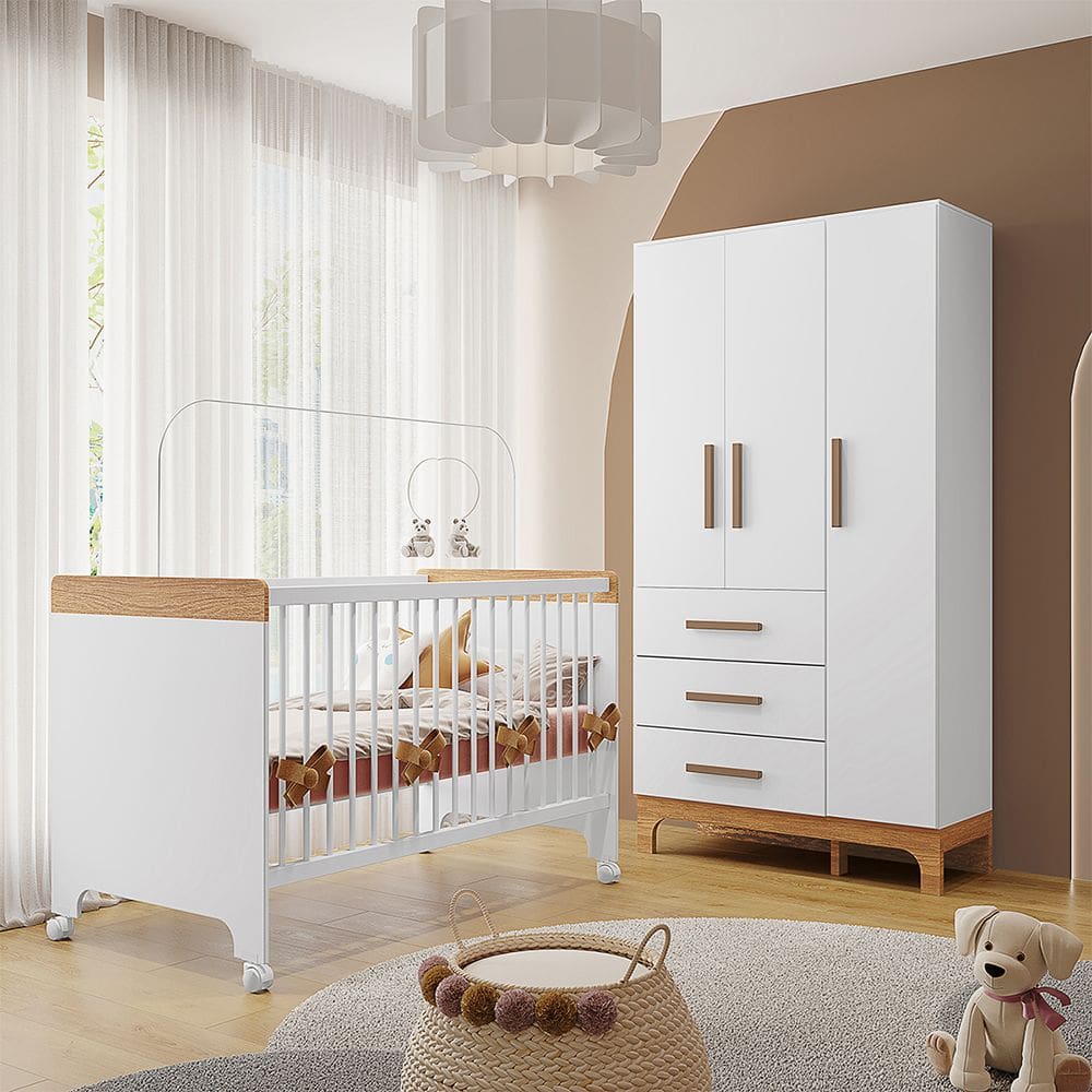 Kit Quarto Infantil Guarda-roupas e Berço Doçura Branco/savana