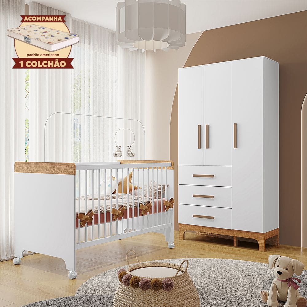 Kit Quarto Infantil Guarda-roupas e Berço Doçura com Colchão Branco/savana