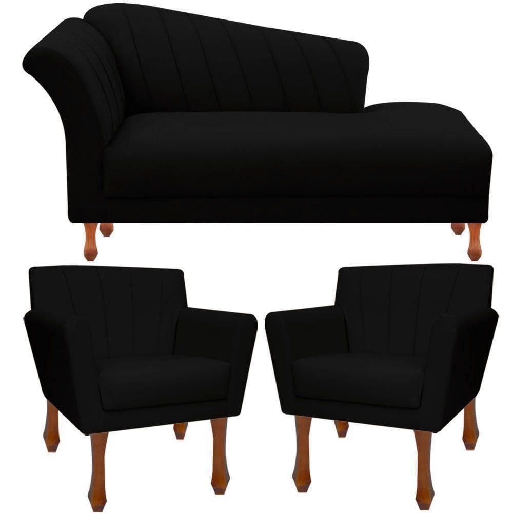 Kit Recamier Sofá Divã Clinica 140 + 2 Poltrona Iza Retro suede Preto
