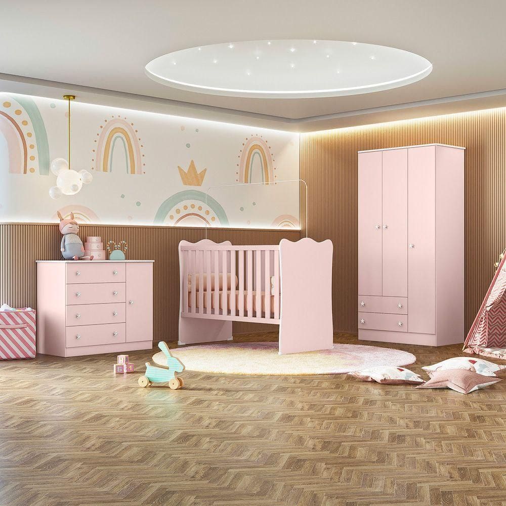 Jogo De Quarto Infantil Gr 2617 E Cômoda E Berço Doce Sonho rosa