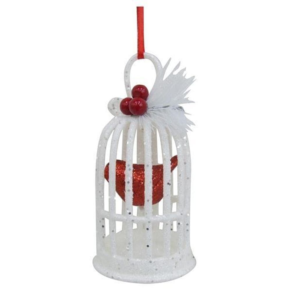 Enfeite De Natal Gaiola Com Passaro Vermelho Arvore 12Cm