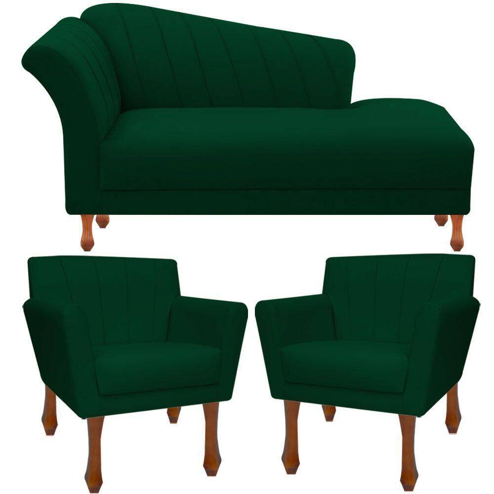 Kit Recamier Sofá Divã Clinica 160 + 2 Poltrona Iza Retro suede Verde