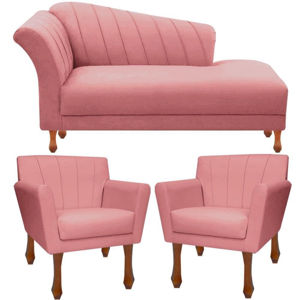 Kit Recamier Sofá Divã Clinica 180 + 2 Poltrona Iza Retro suede Rose