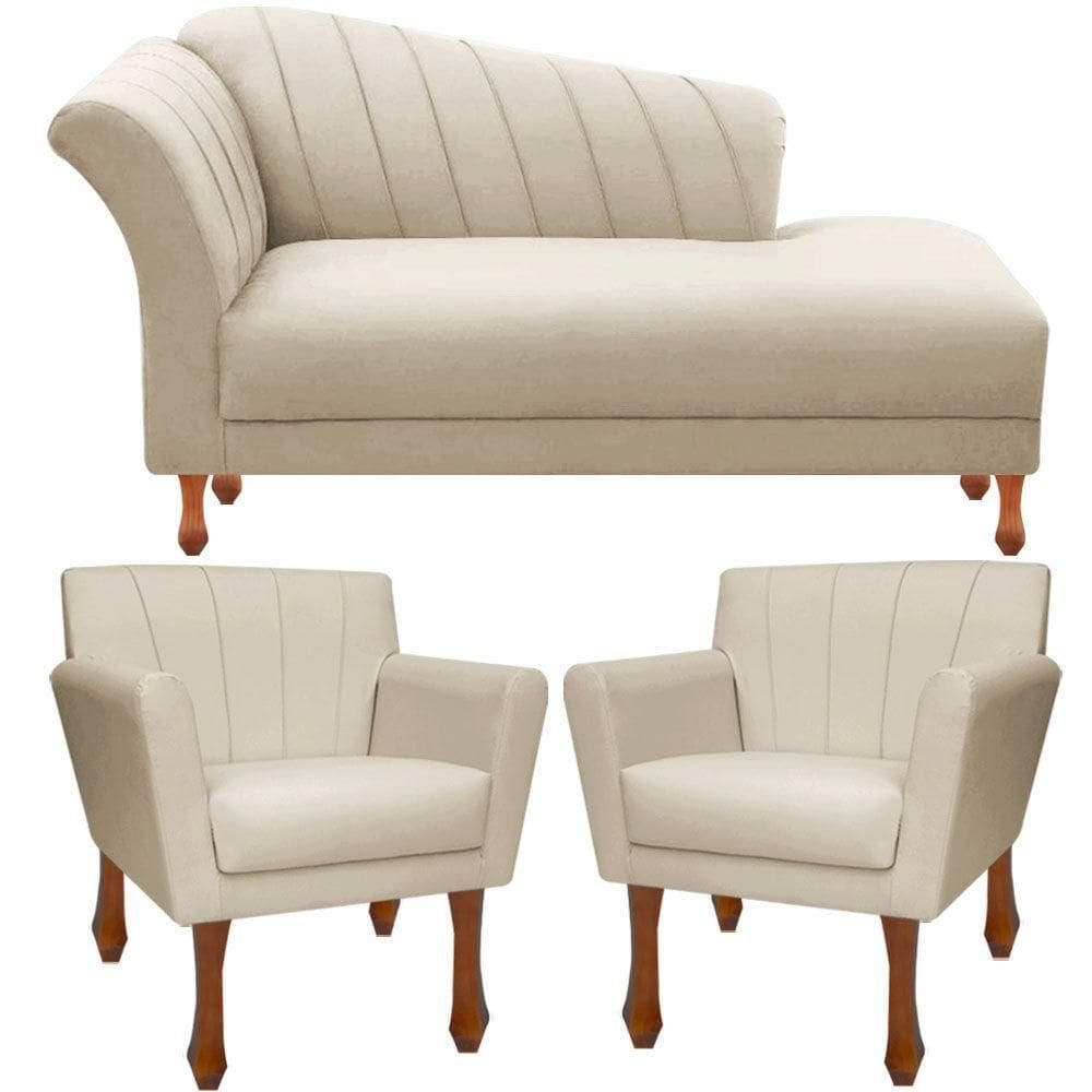 Kit Recamier Sofá Divã Clinica 140 + 2 Poltrona Iza Retro suede Bege