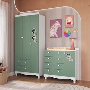 Conjunto para Quarto Infantil com Guarda-Roupa e Cômoda Trocador Encanto Branco/Verde