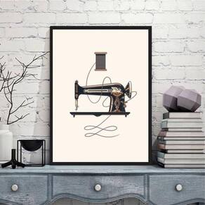 Quadro Vintage Máquina Costura 24X18 Com Vidro Madeira Preta