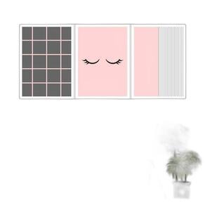 Kit 3 Quadros Cílios Listras Rosa 33X24Cm - Moldura Branca