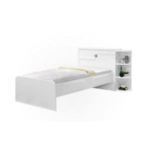 Cama Solteiro Cabeceira Baú 2 Gavetas 3 Nichos Hortencia Branco / Branco Lilás Branco / Lilas