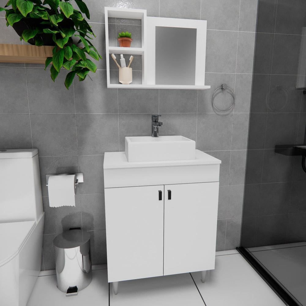 Conjunto Gabinete para Banheiro Sevilha com Pés 60cm Branco