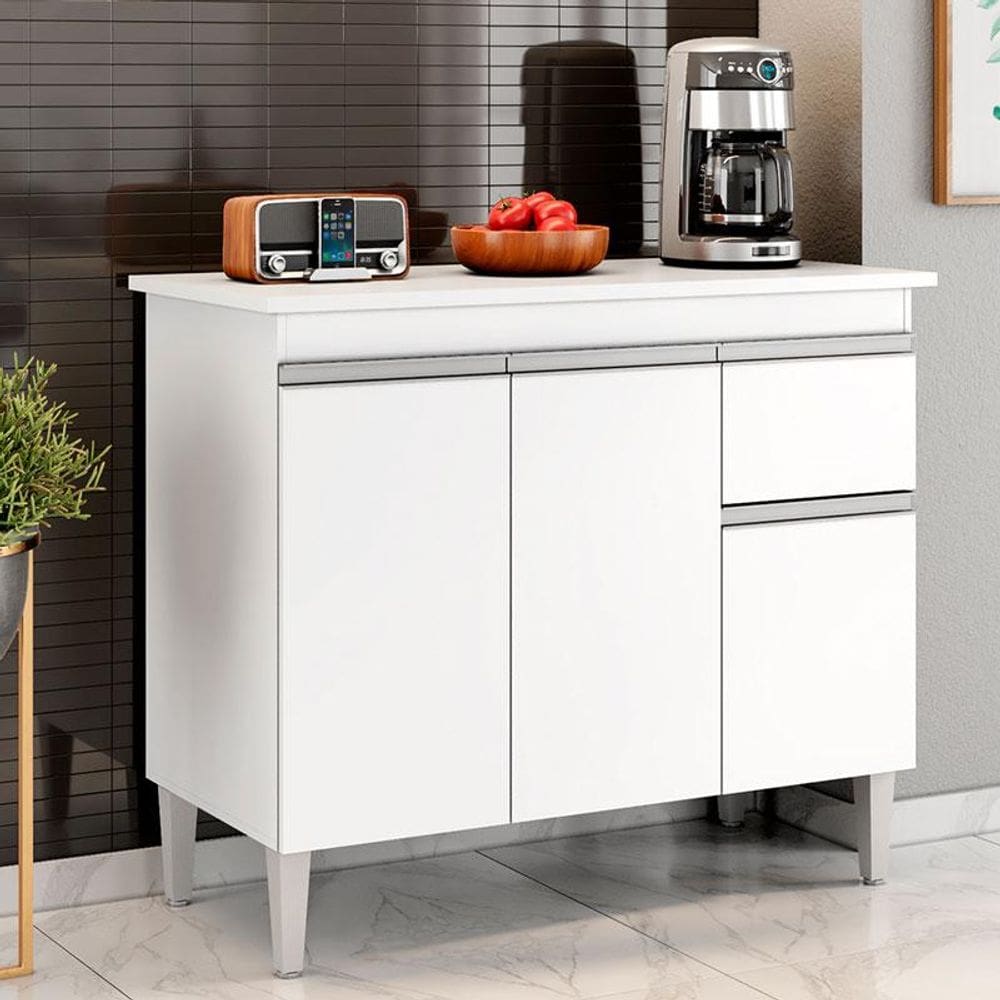Balcão de Cozinha Ambiente Tatiane com Tampo 100cm Branco Brilho - AJL
