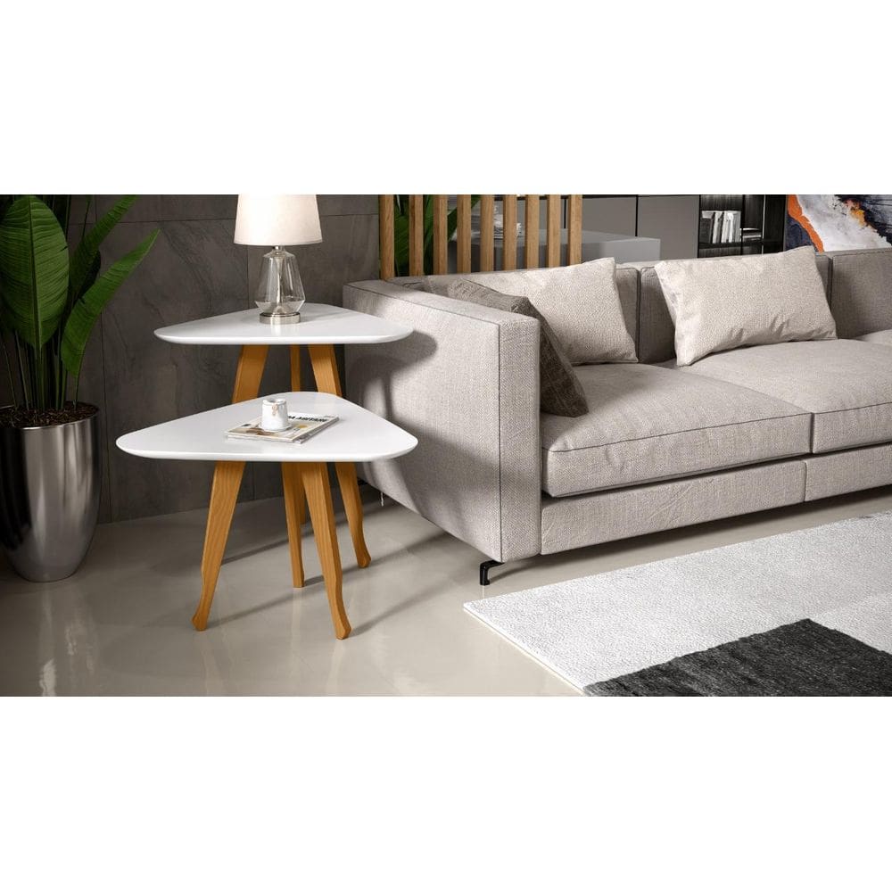 Kit 2 Mesas Lateral E Apoio 3 Pontas Pés Madeira Branco
