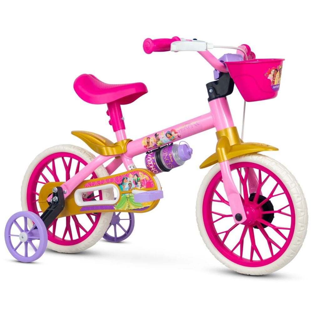 Bicicleta Infantil Aro 12 Nathor Princesas da Disney Cor Rosa/Branco Com Rodas De Treinamento