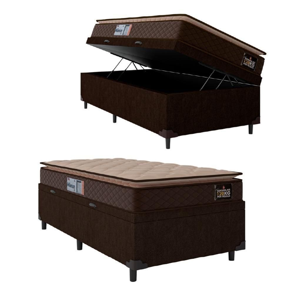 Cama Baú Solteiro Colchão Espuma D33 Pillow Top Millenium 88x188x60cm Marrom Hellen - Suporta até 120kg por Pessoa Marrom