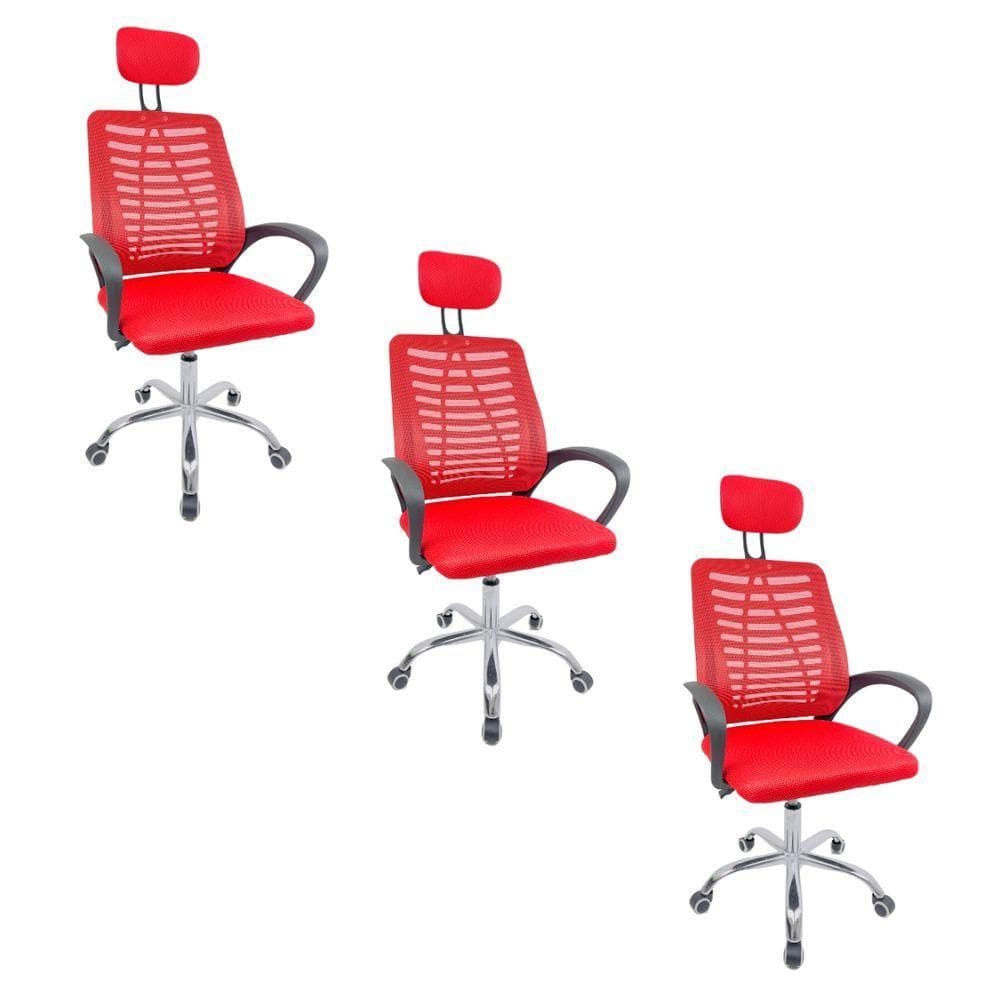 Kit 3 Cadeiras Escritório Diretor Tela Mesh Com Encosto De Cabeça Vermelho E Preto