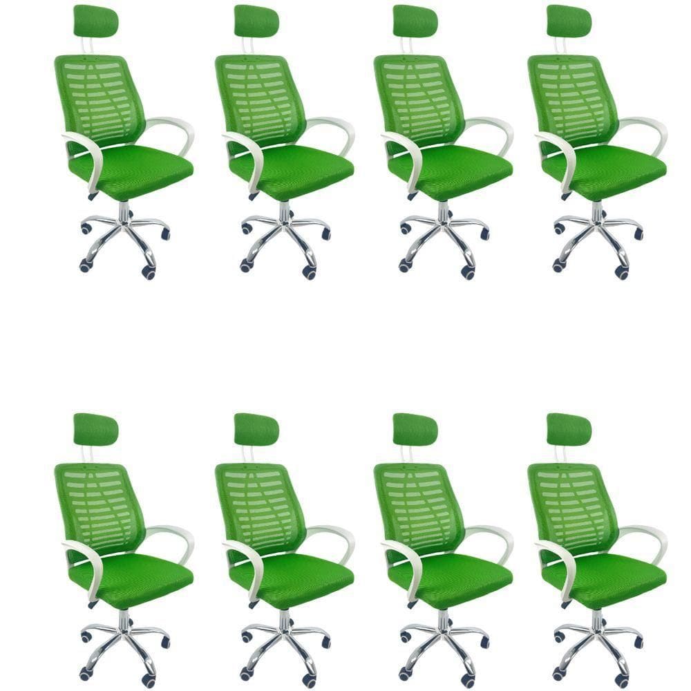 Kit 8 Cadeiras Escritório Diretor Tela Mesh Com Encosto De Cabeça Verde E Branco