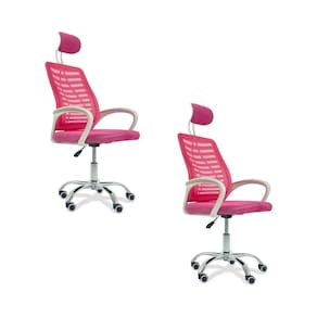 Kit 2 Cadeiras Escritório Diretor Tela Mesh Com Encosto De Cabeça Rosa E Branco