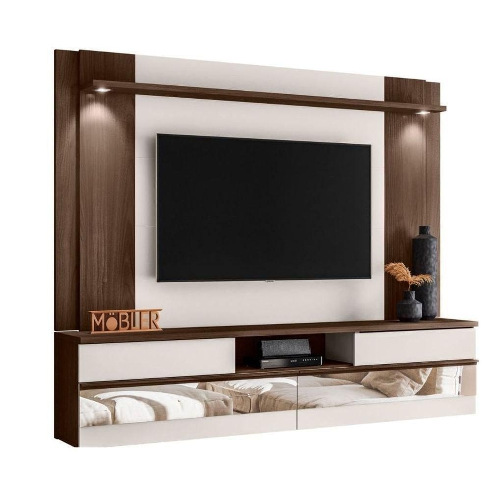 Painel 75 Polegadas Olimpia 200 Cm Espelho Luminária Led Marrom Noce /off White Ártico
