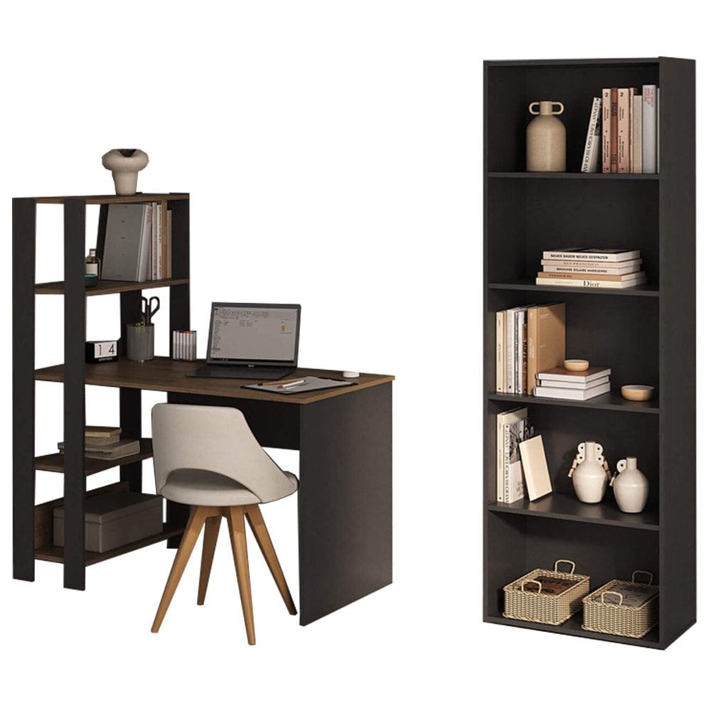 Mesa Escrivaninha E Estante 5 Prateleiras Pinho Preto ARLY