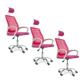 Kit 3 Cadeiras Escritório Diretor Tela Mesh Com Encosto De Cabeça Rosa E Branco