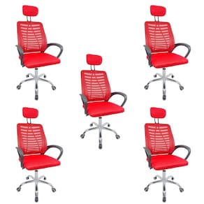 Kit 5 Cadeiras Escritório Diretor Tela Mesh Com Encosto De Cabeça Vermelho E Preto