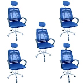 Kit 5 Cadeiras Escritório Diretor Tela Mesh Com Encosto De Cabeça Azul E Preto