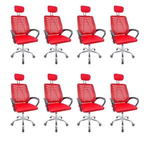 Kit 8 Cadeiras Escritório Diretor Tela Mesh Com Encosto De Cabeça Vermelho E Preto