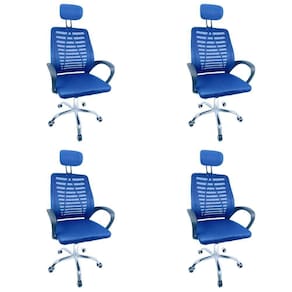 Kit 4 Cadeiras Escritório Diretor Tela Mesh Com Encosto De Cabeça Azul E Preto