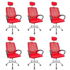 Kit 6 Cadeiras Escritório Diretor Tela Mesh Com Encosto De Cabeça Vermelho E Preto