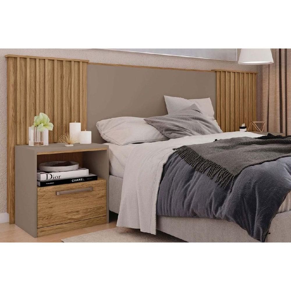 Painel Cama Box Madeirado Extensível Casal/Queen/King Lucius 2 Mesas c/ 1 Gaveta Buriti/Fendi - Caemmun