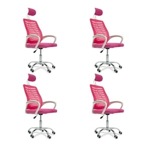 Kit 4 Cadeiras Escritório Diretor Tela Mesh Com Encosto De Cabeça Rosa E Branco
