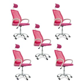 Kit 5 Cadeiras Escritório Diretor Tela Mesh Com Encosto De Cabeça Rosa E Branco