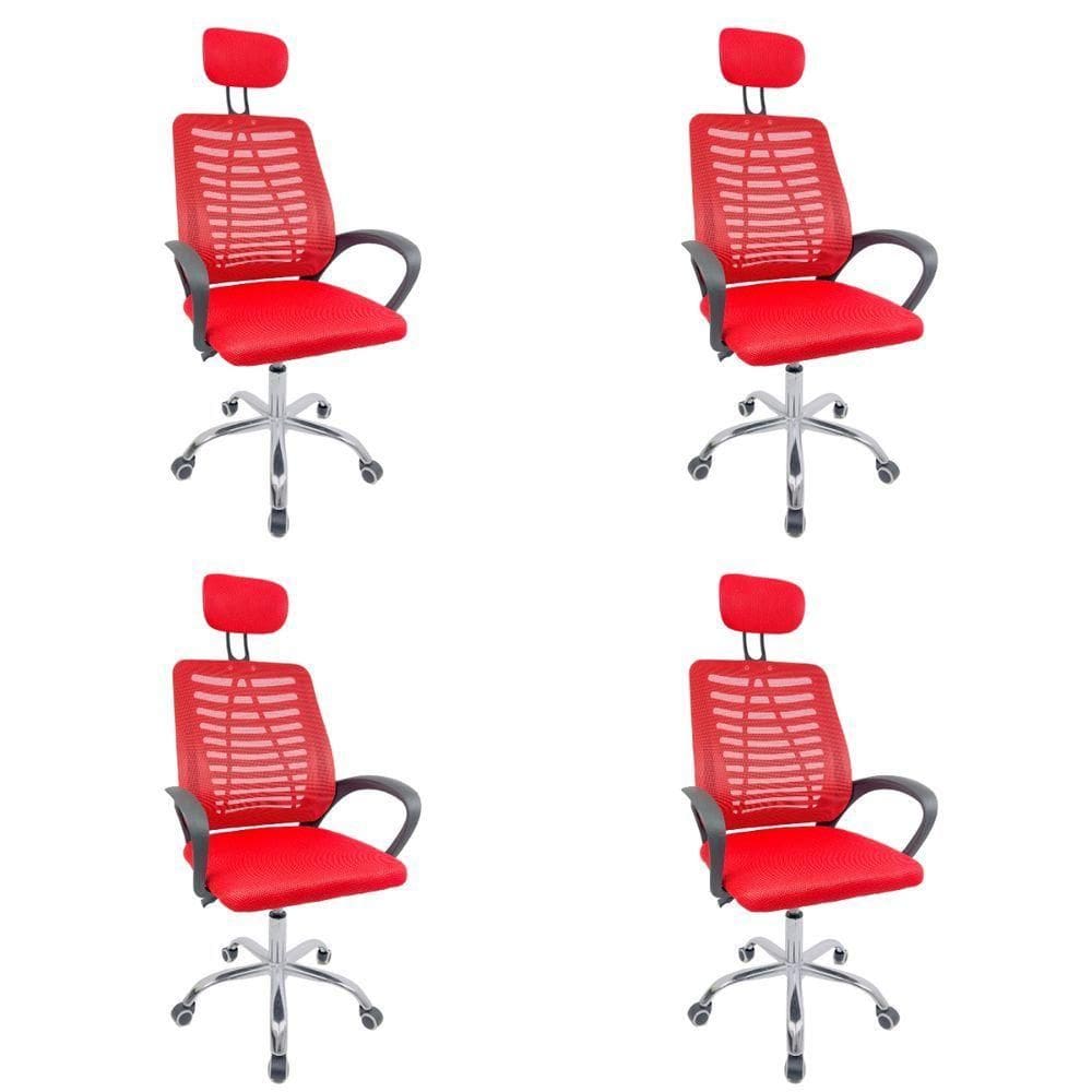 Kit 4 Cadeiras Escritório Diretor Tela Mesh Com Encosto De Cabeça Vermelho E Preto