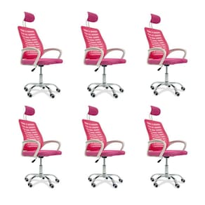Kit 6 Cadeiras Escritório Diretor Tela Mesh Com Encosto De Cabeça Rosa E Branco