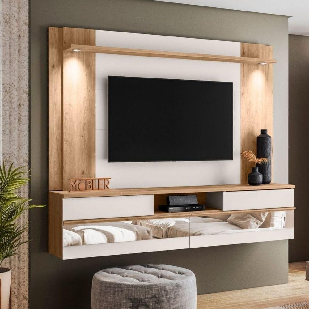Painel Home Suspenso 75" Atibaia Espelho E Luminária Led Carvalho Teca/off White Ártico