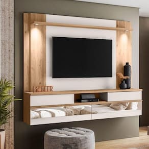Painel Home Suspenso 75" Atibaia Espelho E Luminária Led Carvalho Teca/off White Ártico