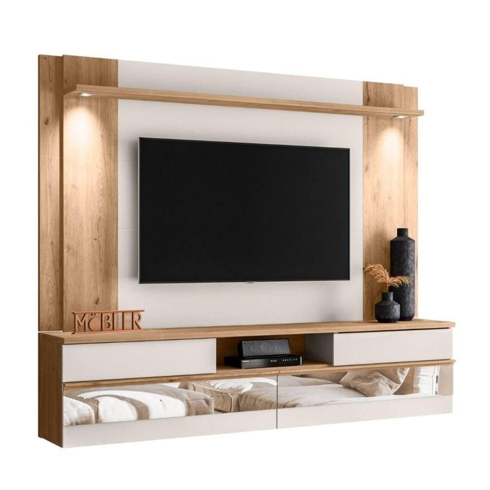 Painel 75 Polegadas Olimpia 200 Cm Espelho Luminária Led Carvalho Teca/off White Ártico