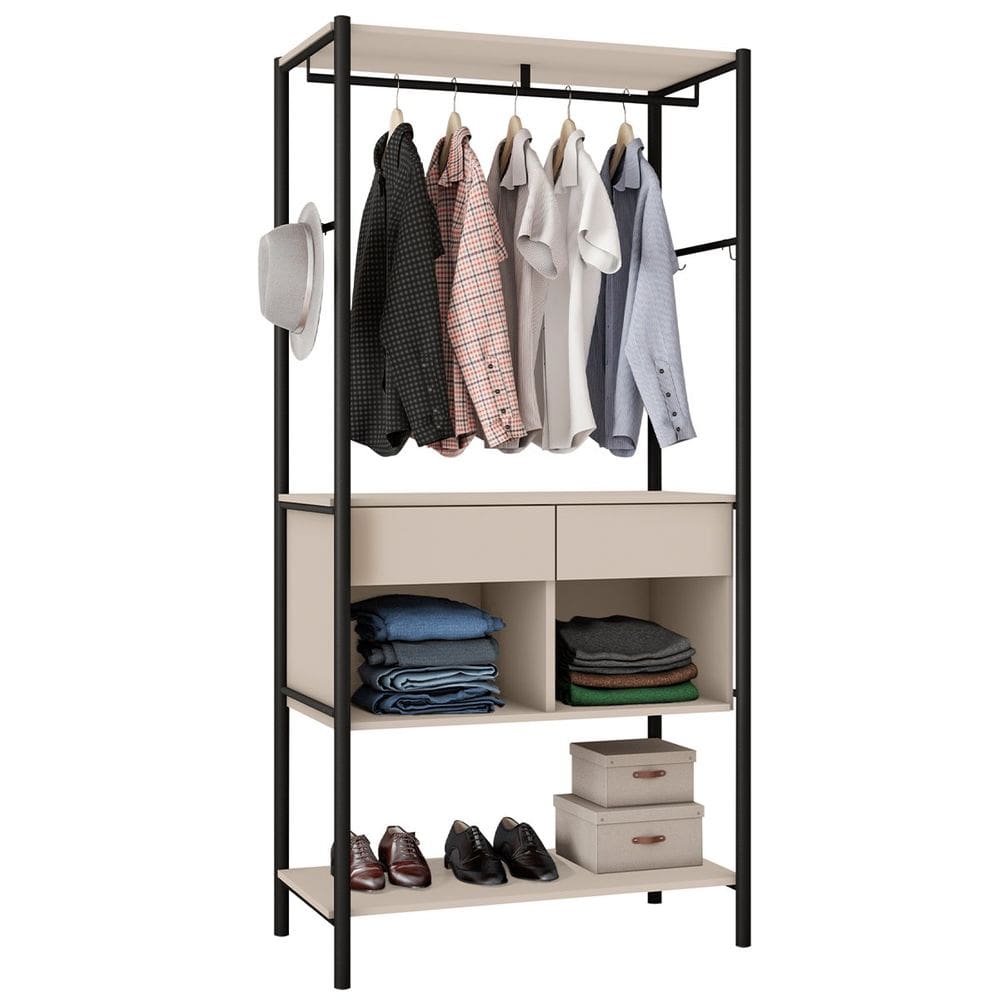 Guarda-Roupa Cabideiro 2 Gavetas Nichos Prateleiras Aço Carbono MDF BP Pérsia