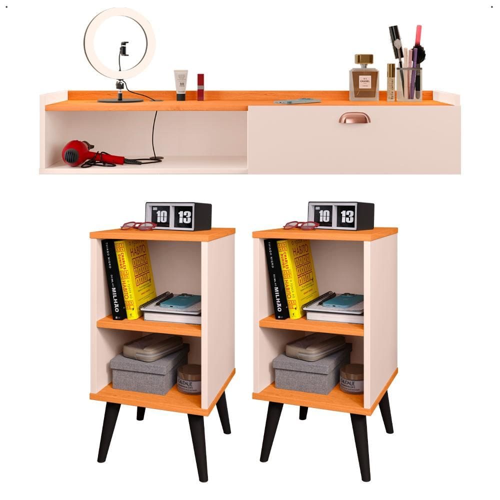 Jogo 2 Mesas Cabeceira Nicho Prateleira Compacta Penteadeira Multiuso Aparador Home Suspenso Sala Quarto Puxador Concha - Lojas RPM