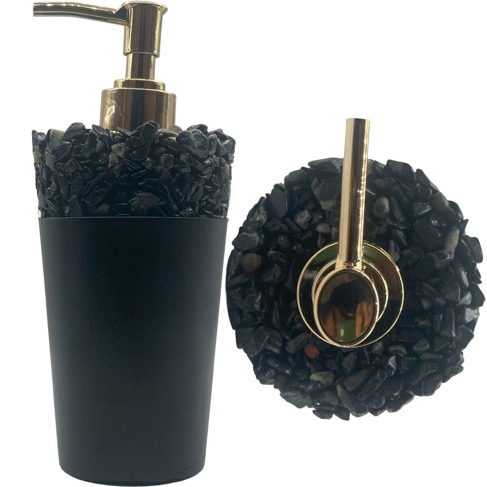 Saboneteira Líquida Artesanal em Cimento Preto com Pedras Pretas 220 ml Rústica e Durável