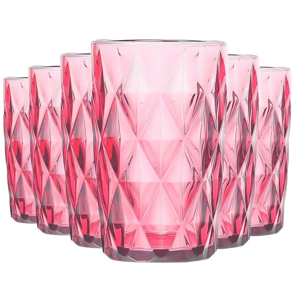 Jogo com 6 Copos Diamond de Vidro Rosa De Agua ou Suco 350ml