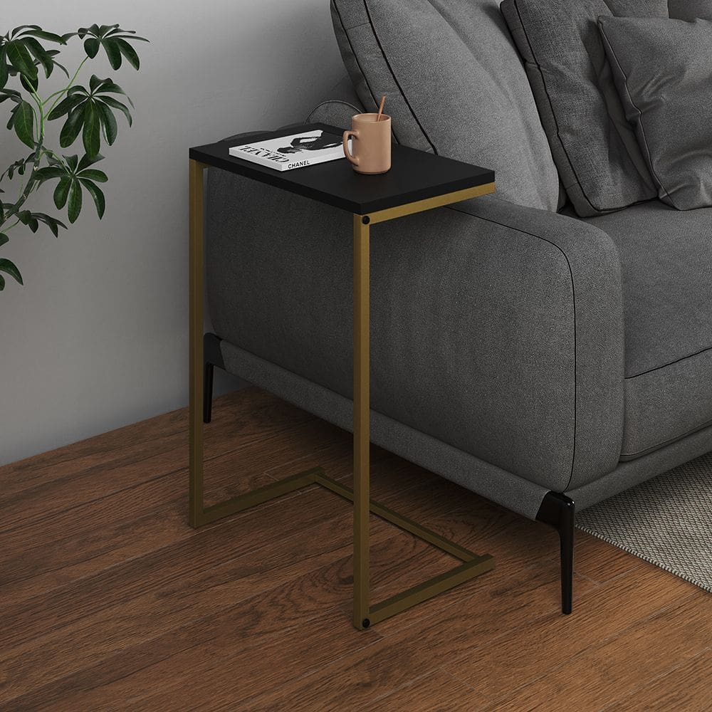 Mesa Lateral de Apoio Industrial Sofá Charmme Ferro Dourado e Tampo Preto